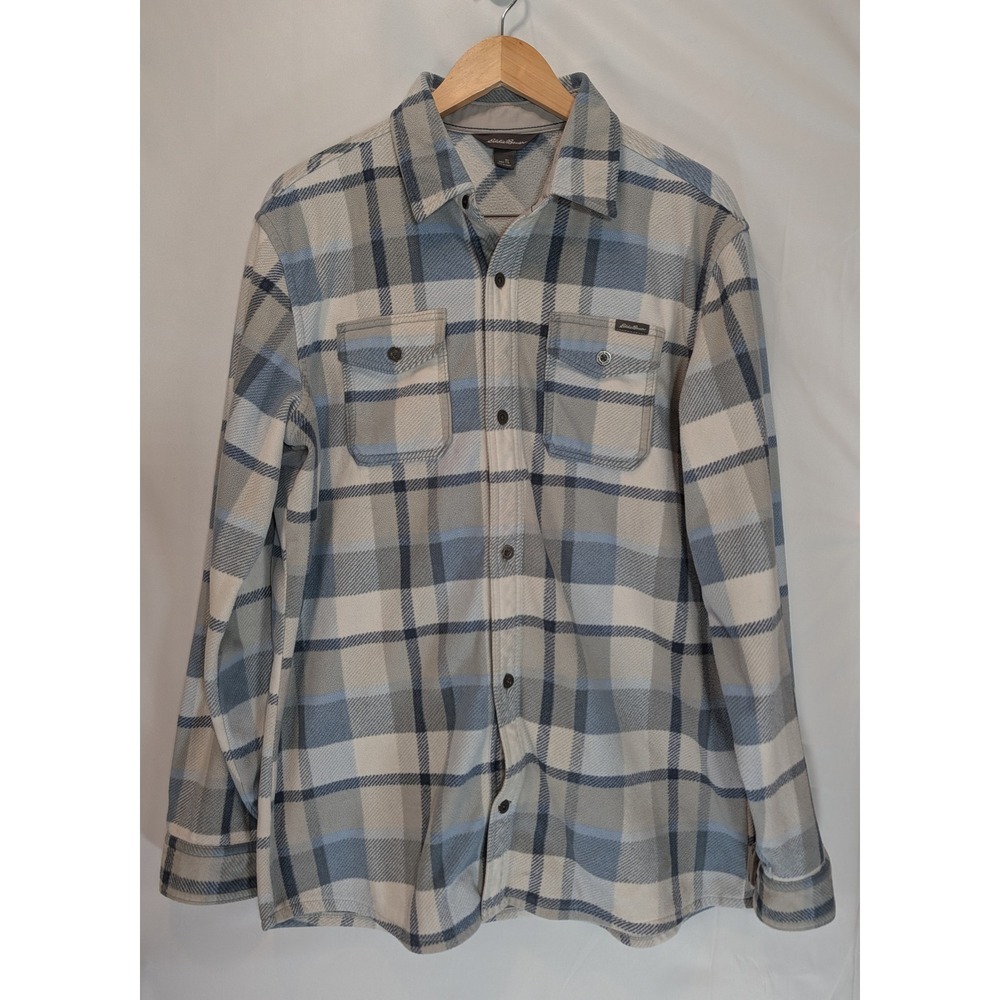 Eddie Bauer Mens Fleece Shirt Jacket Blue Grey Plaid Tall Large Tall Button Up